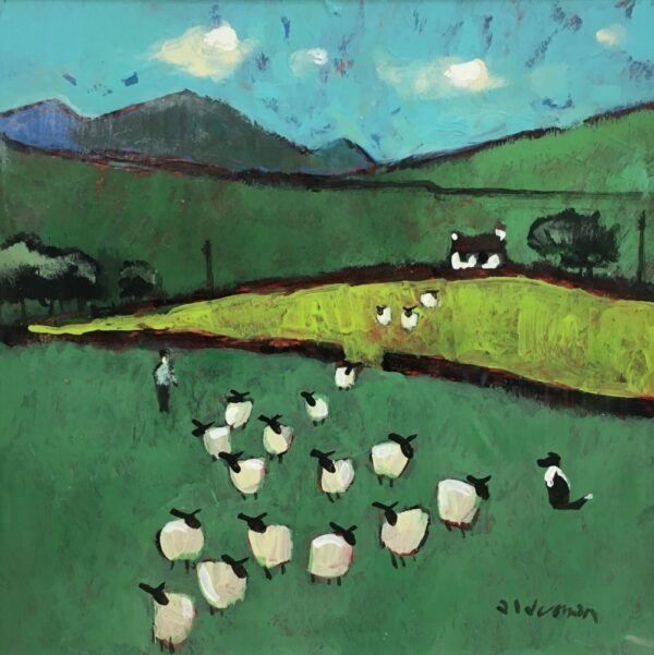 Lake District art by David Alderman. An acrylic painting of a flock of sheep shepherd sheepdog collie showing green fields with mountains and farmhouse in the background