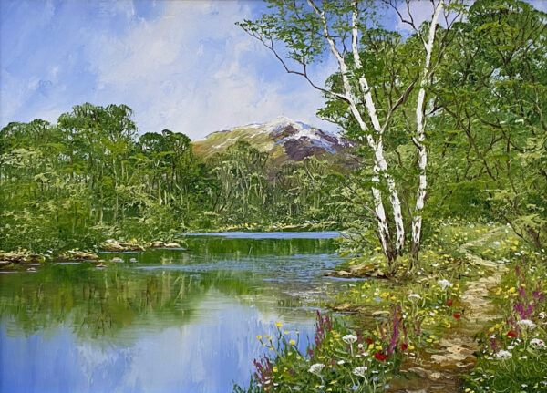 lake district art original oil painting textured oil landscape by terry terrence evans a beautiful countryside scene with mountain background and slowly moving river with reflections and wildflowers on the riverbank