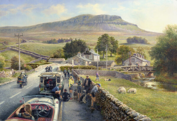 lake district art yorkshire dales painting of pen y ghent one of the yorkshire three peaks in amazing detail with hikers and vintage cars by graham twyford