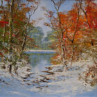 lake district art original oil painting by terry terence evans inspired by the lakes in winter fresh snow at tarn edge autumn leaves