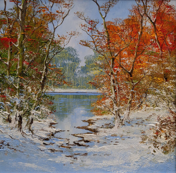lake district art original oil painting by terry terence evans inspired by the lakes in winter fresh snow at tarn edge autumn leaves