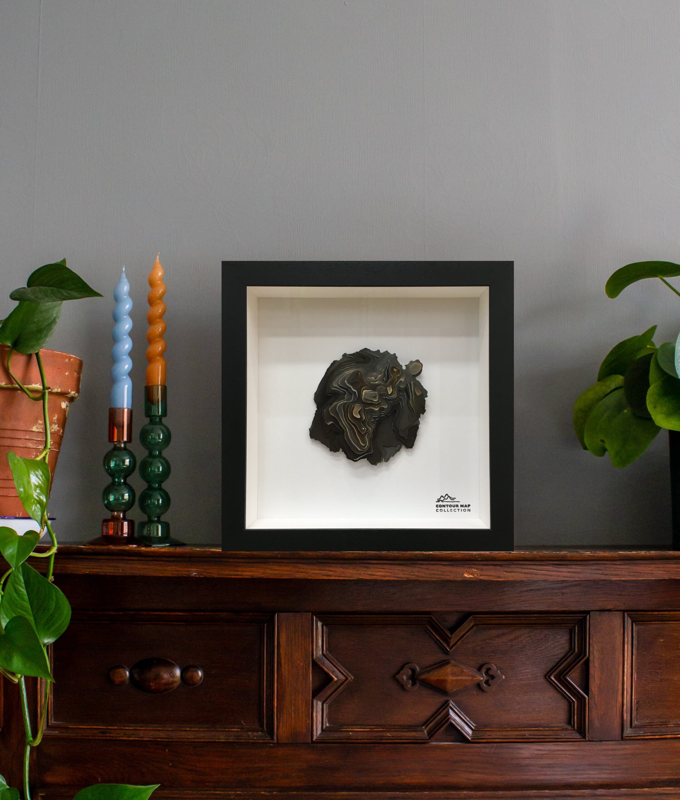 Contour Map Collection by Holly Clifford - Scafell Pike Contour Map lake district art original 3-D craft design art contour map of scafell pike aerial view cut from one piece of brass and hand polished in a beautiful deep black frame by holly clifford