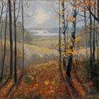 lake district art original oil painting by local artist jeff sudders an autumn view through woodland to lake windermere in the background