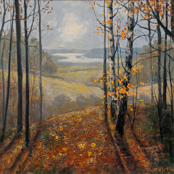 lake district art original oil painting by local artist jeff sudders an autumn view through woodland to lake windermere in the background