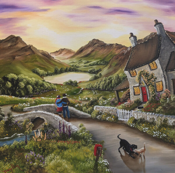 Countyside Dreams is an original painting by artist Caroline Deighton. A couple stand on a bridge outside a lake district cottage looking towards a lake and mountains whilst dog and cat play