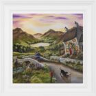 Countyside Dreams is an original painting by artist Caroline Deighton. A couple stand on a bridge outside a lake district cottage looking towards a lake and mountains whilst dog and cat play