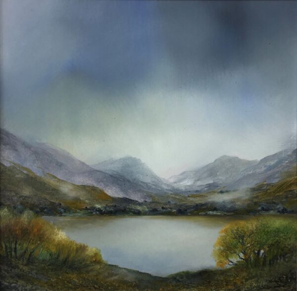 lake district art original oil and mixed media painting of Derwentwater near Keswick by peter dworok with moody skies and heavy cloud atmosphere and earthy tones of foliage in foreground