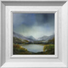 lake district art original oil and mixed media painting of Derwentwater near Keswick by peter dworok with moody skies and heavy cloud atmosphere and earthy tones of foliage in foreground