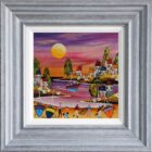 Lake district art by Rozanne Bell. An acrylic paint and resin mixed media piece down at the beach featuring a bright harbour beach scene with boats people fishing houses and sheep purple pink skies grey frame