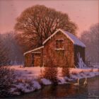 Lake District art original oil painting Fading Light by Edward Hersey showing a barn by a river after a snowfall in soft pink evening light.