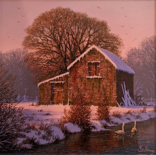 Lake District art original oil painting Fading Light by Edward Hersey showing a barn by a river after a snowfall in soft pink evening light.