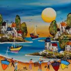 Lake district art by Rozanne Bell. An acrylic paint and resin mixed media piece Happy Days featuring a bright harbour beach scene with boats people fishing houses and sheep