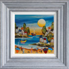 Lake district art by Rozanne Bell. An acrylic paint and resin mixed media piece Happy Days featuring a bright harbour beach scene with boats people fishing houses and sheep