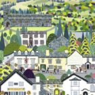 Lake District art by Linda Mellin. Hawkshead featuring St. Michael & All Angels Church/ Esthwaite Water/ Hawkshead Grammar School- William Wordsworth attended/ Red Lion Inn & Hawkshead Chapel