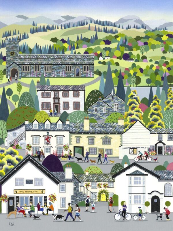 Lake District art by Linda Mellin. Hawkshead featuring St. Michael & All Angels Church/ Esthwaite Water/ Hawkshead Grammar School- William Wordsworth attended/ Red Lion Inn & Hawkshead Chapel