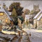 Lake District art original oil painting by Richard Telford of a snowy hamlet where a man watches two boys making snowballs.