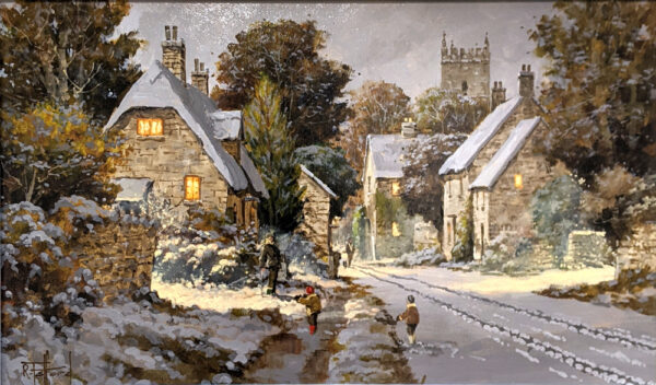 Lake District art original oil painting by Richard Telford of a snowy hamlet where a man watches two boys making snowballs.