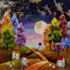 Lake district art by Rozanne Bell. An acrylic paint and resin mixed media piece Over the Hills and Far Away of moonlit hills with colourful trees houses and sheep grazing
