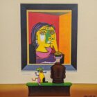 lake district art original oil painting by chris chapman in the style of pablo picasso. a part of his gallery series featuring a man and stylised dog viewing an exhibition. contemporary art