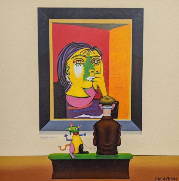 lake district art original oil painting by chris chapman in the style of pablo picasso. a part of his gallery series featuring a man and stylised dog viewing an exhibition. contemporary art