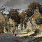 lake district art original oil on board painting by artist richard telford depicting a snowy quaint english village countryside scene with mountain backdrop and warm light from houses