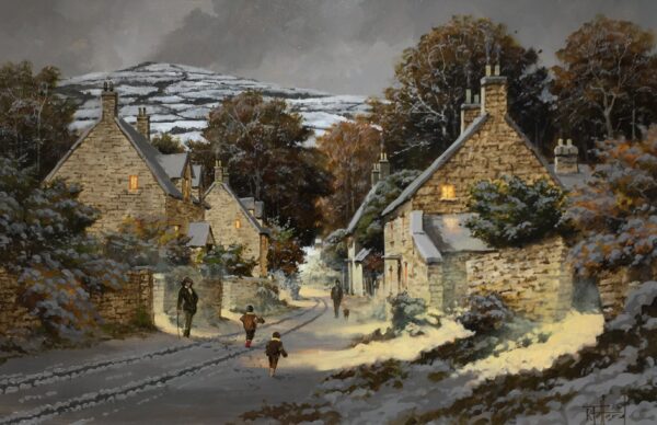 lake district art original oil on board painting by artist richard telford depicting a snowy quaint english village countryside scene with mountain backdrop and warm light from houses
