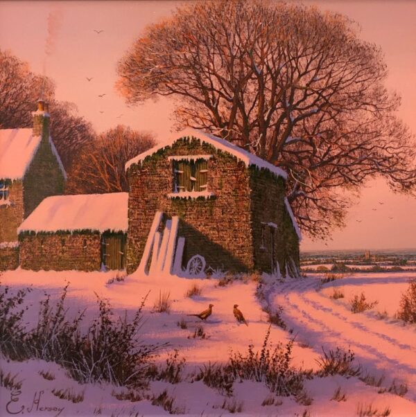 lake district art original painting by edward hersey of a barn and farm house in thick snow in a morning rosy glow with pheasants near the road