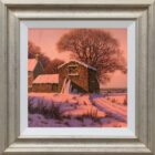 lake district art original painting by edward hersey of a barn and farm house in thick snow in a morning rosy glow with pheasants near the road