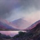 lake district art original oil and mixed media painting of Ullswater at Twilight by peter dworok with moody skies and heavy cloud atmosphere and purple tones and texture foliage in foreground