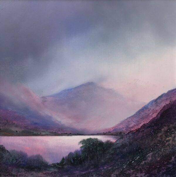lake district art original oil and mixed media painting of Ullswater at Twilight by peter dworok with moody skies and heavy cloud atmosphere and purple tones and texture foliage in foreground