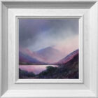 lake district art original oil and mixed media painting of Ullswater at Twilight by peter dworok with moody skies and heavy cloud atmosphere and purple tones and texture foliage in foreground