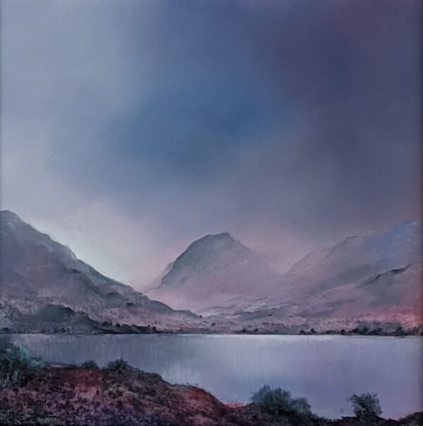 lake district art original oil and mixed media painting of Wastwater Twilight by peter dworok with moody skies and heavy cloud in purple tones with yewbarrow and great gable