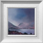 lake district art original oil and mixed media painting of Wastwater Twilight by peter dworok with moody skies and heavy cloud in purple tones with yewbarrow and great gable