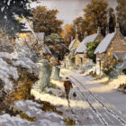 Lake district art original oil painting Winter Village Charm by Richard Telford of a dog walker in a snowy lane with warm lights flooding out of cottage windows.