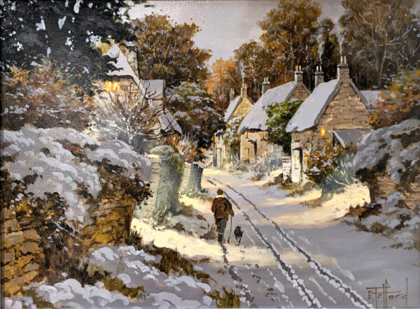 Lake district art original oil painting Winter Village Charm by Richard Telford of a dog walker in a snowy lane with warm lights flooding out of cottage windows.