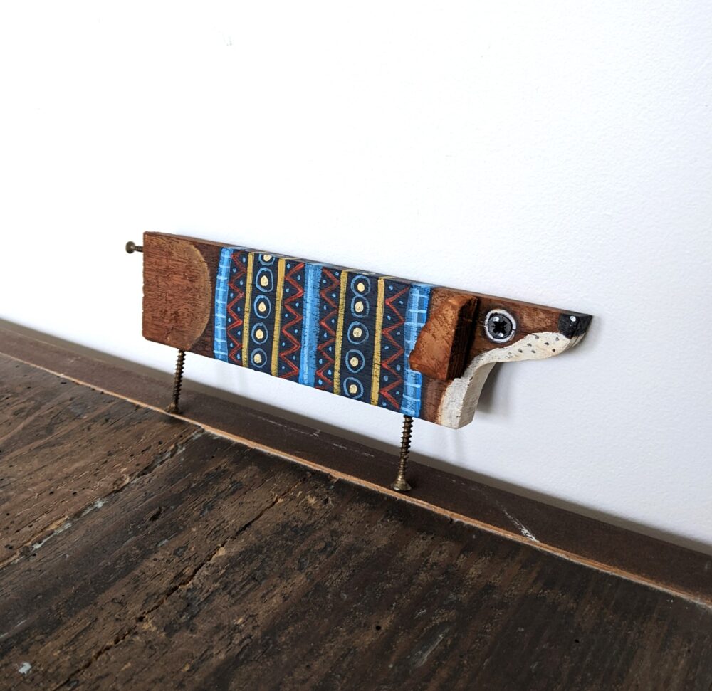 Dawg in a jumper by Claire Brierley Original handmade wooden artwork by artist Claire Brierley