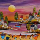 Lake district art by Rozanne Bell. An acrylic paint and resin mixed media piece down at the beach featuring a bright harbour beach scene with boats people fishing houses and sheep purple pink skies