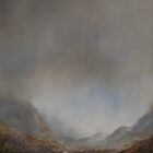 lake district art original oil and mixed media painting of langdale pikes and valley by peter dworok with moody skies and heavy cloud atmosphere and earthy tones of moss in foreground