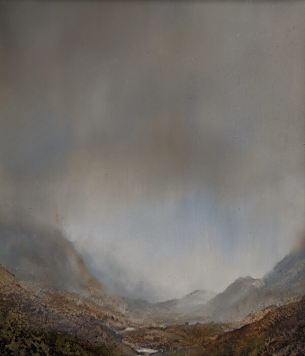 lake district art original oil and mixed media painting of langdale pikes and valley by peter dworok with moody skies and heavy cloud atmosphere and earthy tones of moss in foreground