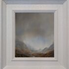 lake district art original oil and mixed media painting of langdale pikes and valley by peter dworok with moody skies and heavy cloud atmosphere and earthy tones of moss in foreground white frame