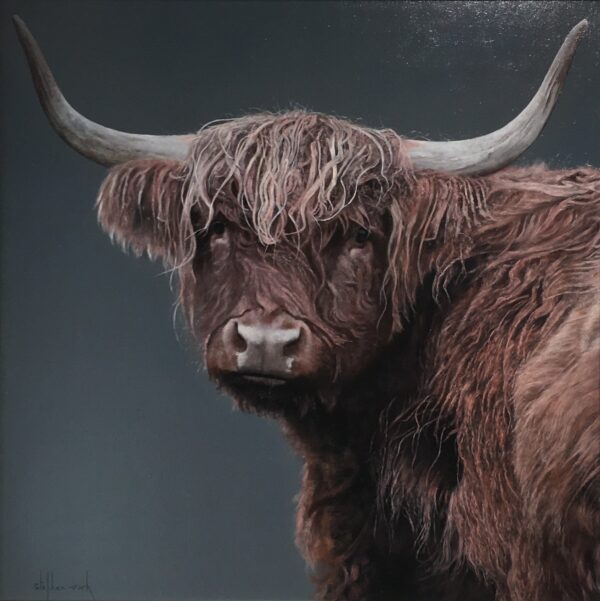 lake district art original oil painting of a highland cow photorealistic photographic portrait animal with grey background
