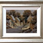 Lake district art original oil painting fun and games in the snow by Richard Telford of a dog walker in a snowy lane with warm lights flooding out of cottage windows children playing