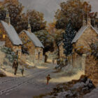 Lake district art original oil painting fun and games in the snow by Richard Telford of a dog walker in a snowy lane with warm lights flooding out of cottage windows children playing