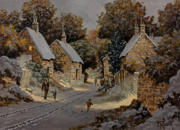 Lake district art original oil painting fun and games in the snow by Richard Telford of a dog walker in a snowy lane with warm lights flooding out of cottage windows children playing