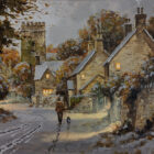 Lake District art original oil painting by Richard Telford of a snowy hamlet with dog walker warm lights charm