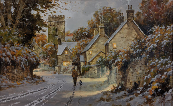 Lake District art original oil painting by Richard Telford of a snowy hamlet with dog walker warm lights charm