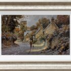 Lake District art original oil painting by Richard Telford of a snowy hamlet with dog walker warm lights charm