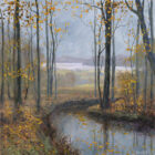 Lake District art print Autumn Leaves Windermere by local artist Jeff Sudders of trees reflected in a woodland stream with orange and yellow autumn leaves and the lake in the distance.
