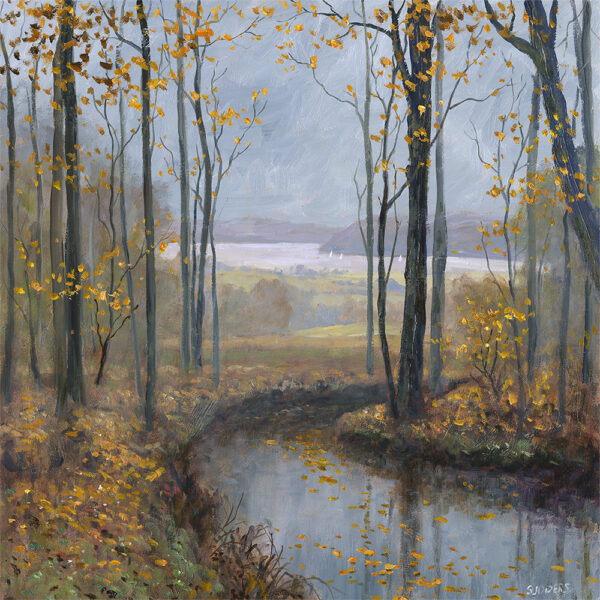 Lake District art print Autumn Leaves Windermere by local artist Jeff Sudders of trees reflected in a woodland stream with orange and yellow autumn leaves and the lake in the distance.