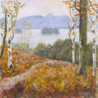 Lake District art print Autumn Walk by Derwentwater by local artist Jeff Sudders of a man walking his dog along a path amongst vibrant orange and yellow leaves with the lake and mountains in the distance.